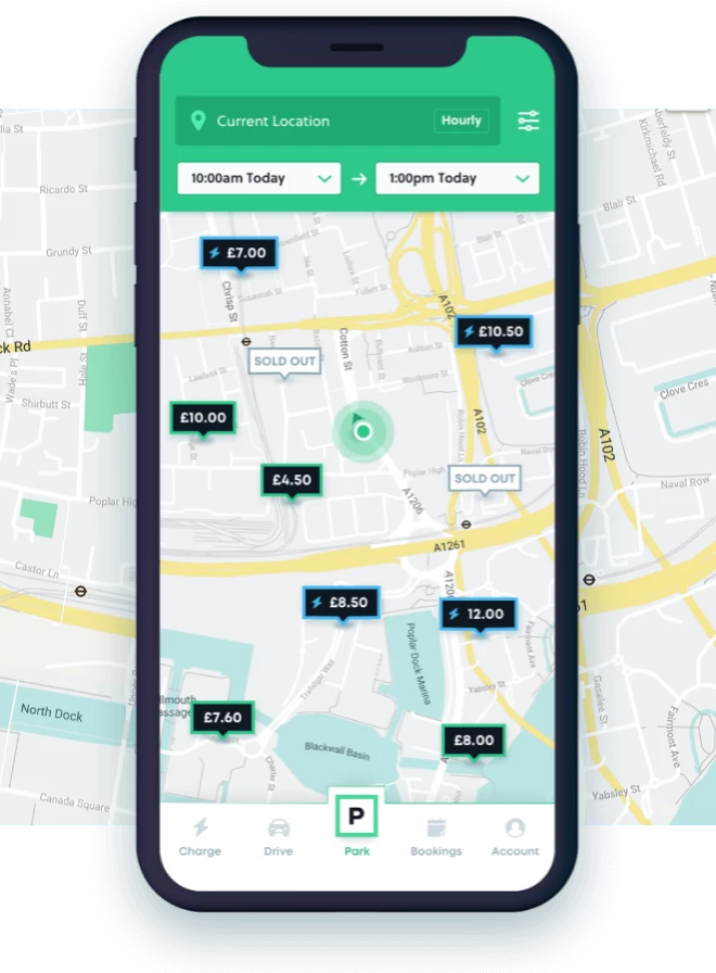 Phone using the YourParkingSpace App showing different parking options