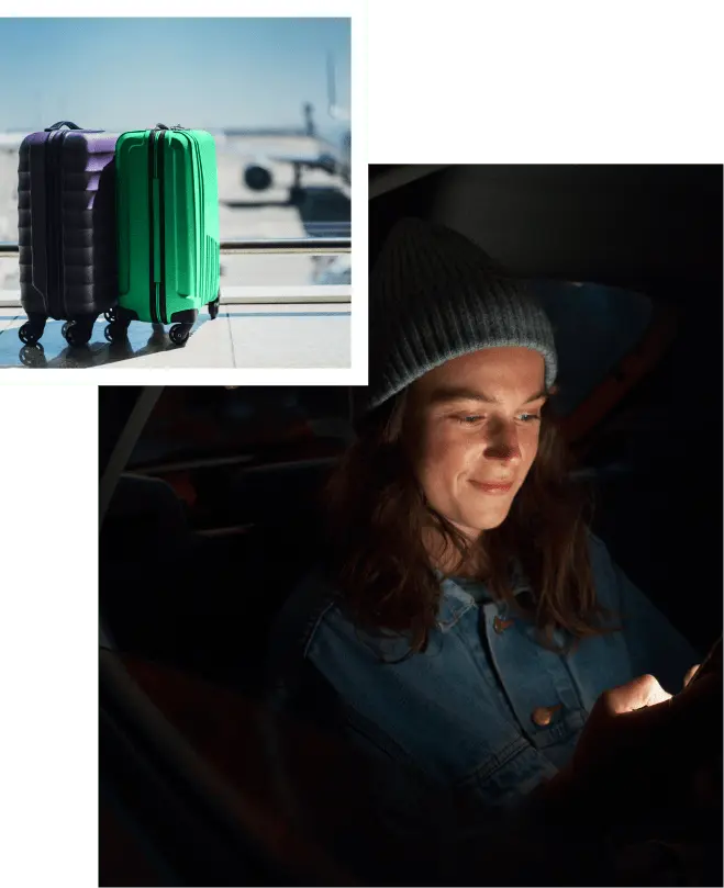 Split image of suitcases and someone on their phone smiling at the screen, suggesting she is getting help from the app