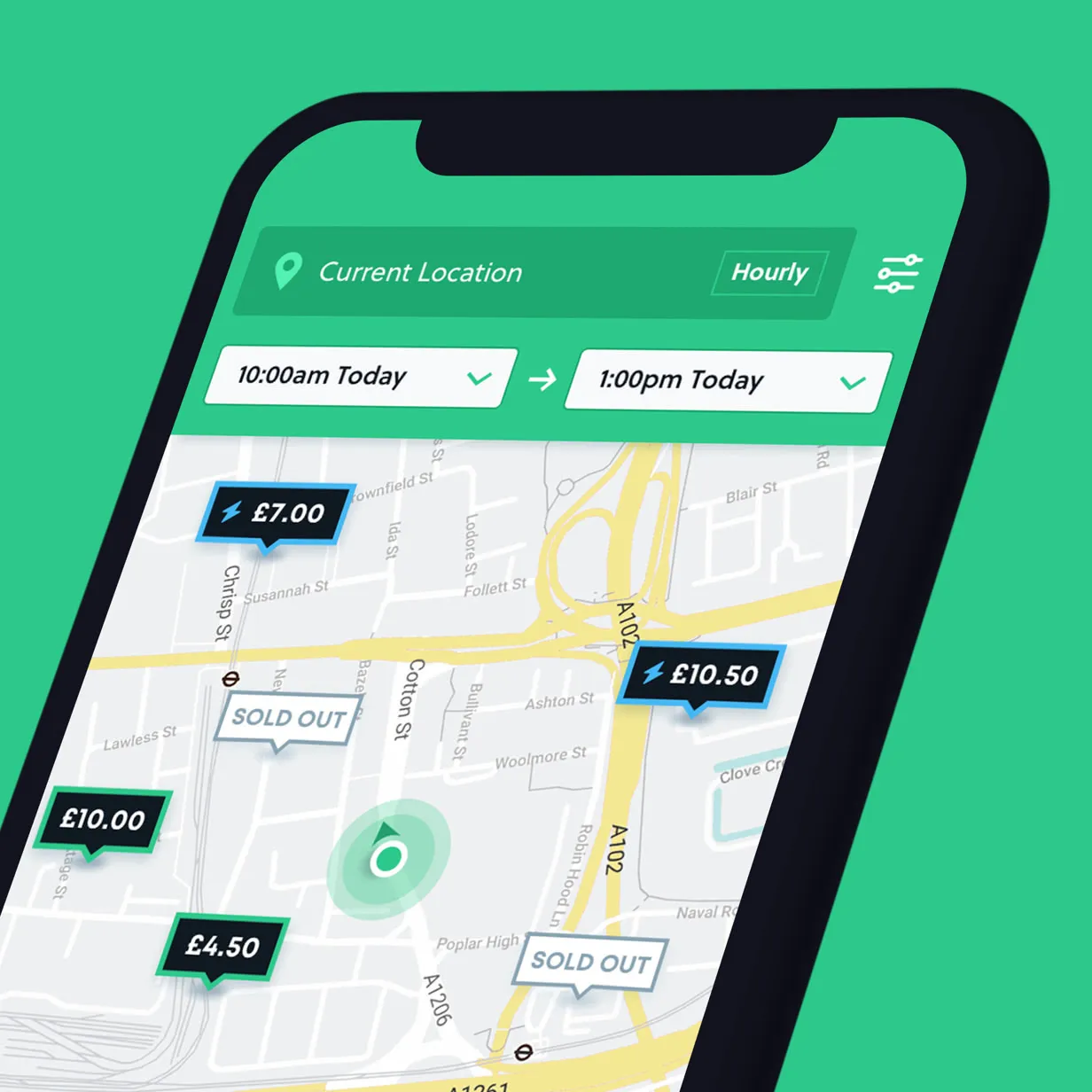 The YourParkingSpace app demonstrated on a phone